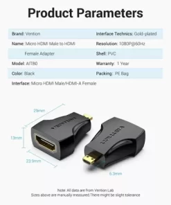 Adaptador Micro HDMI M a HDMI H Negro Vention PRONET UY