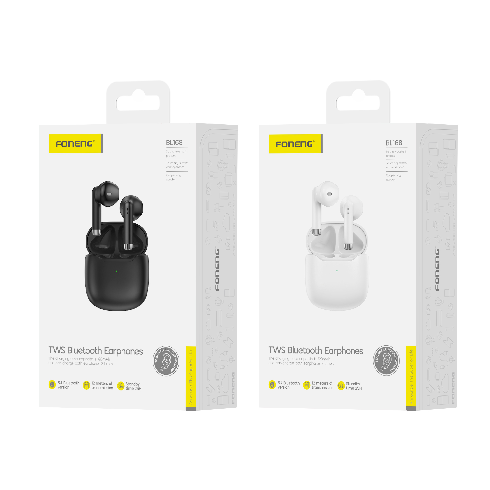 Auriculares Foneng BL168 TWS Bluetooth 5.4 Blanco bl168 2 Caja auriculares Foneng BL168 blanco y negro