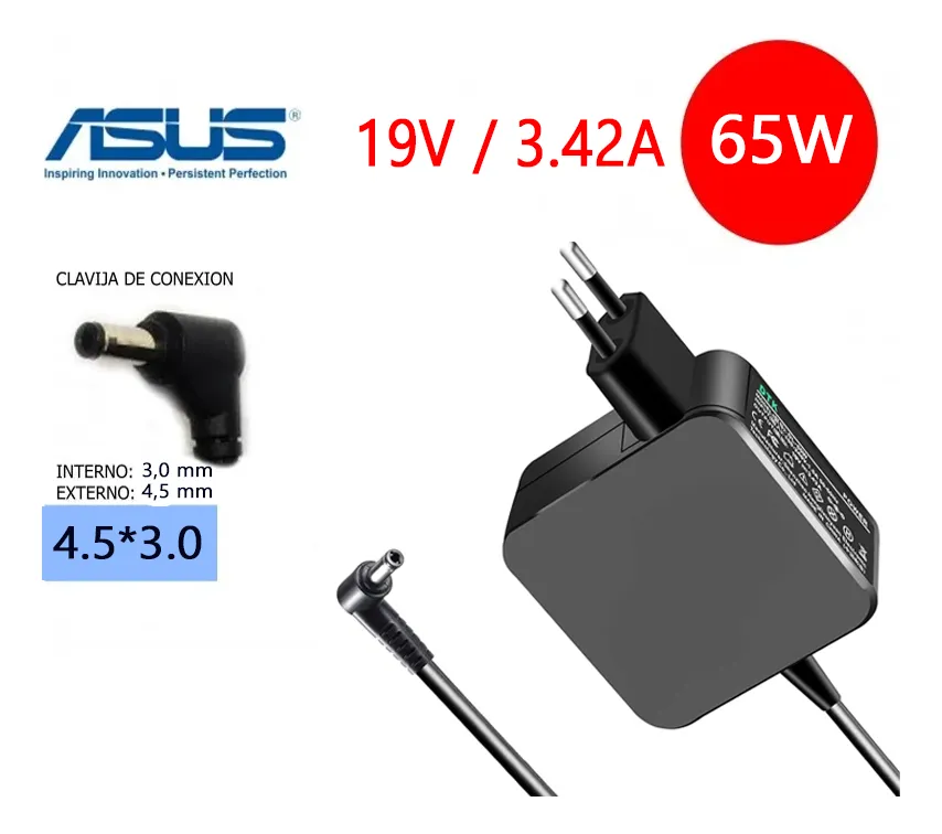 Cargador Compatible Asus 65W 19V 3.42A (4.5×3.0mm) Cargador compatible Asus 65W 19V 3.42A conector 4.5x3.0mm