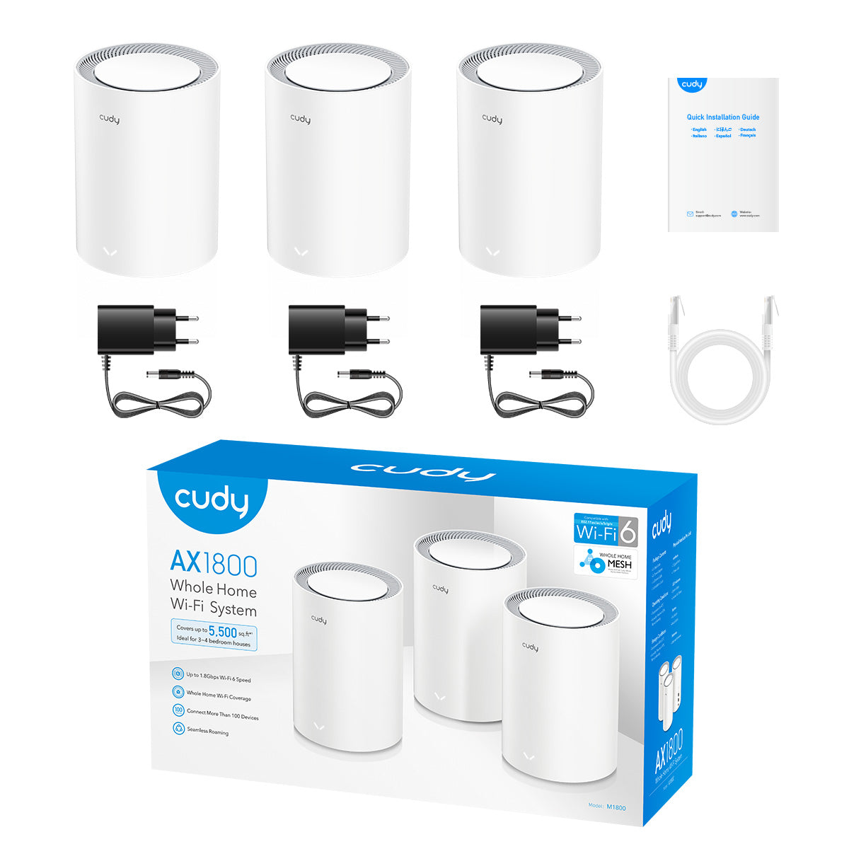 Sistema Mesh Cudy AX1800 M1800 Pack x3 cudy m1800 pack Sistema Mesh Cudy AX1800 M1800 Pack x3 contenido de la caja