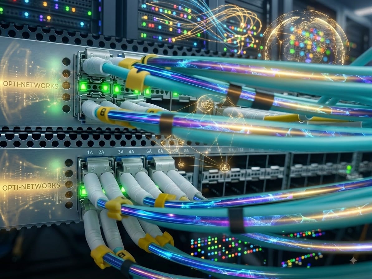 Conectores de fibra óptica en el rack del Hotel Conrad Punta del Este
