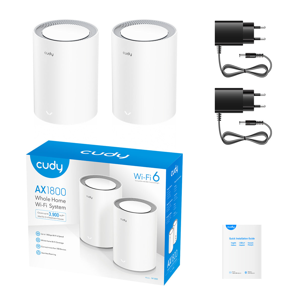 Sistema Mesh Cudy AX1800 M1800 Pack X2 m1800 2pack Sistema Mesh Cudy AX1800 M1800 Pack X2, contenido de la caja
