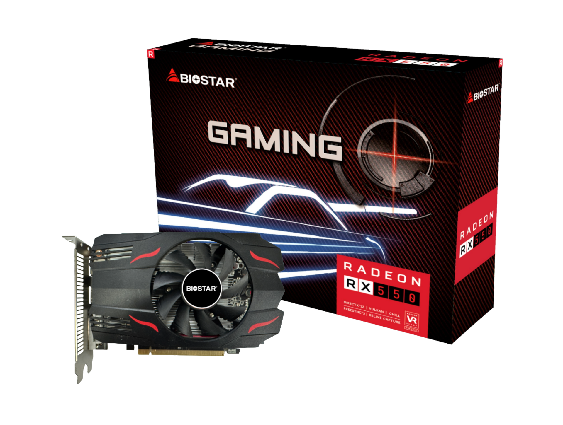 Biostar Radeon RX550 4GB con caja Biostar Radeon RX550 4GB GDDR5 con su caja Gaming