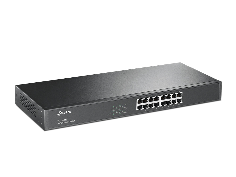 Switch TP-Link TL-SG1016 de 16 Puertos Gigabit tl sg1016 perspectiva Switch TP-Link TL-SG1016 rack 19 pulgadas