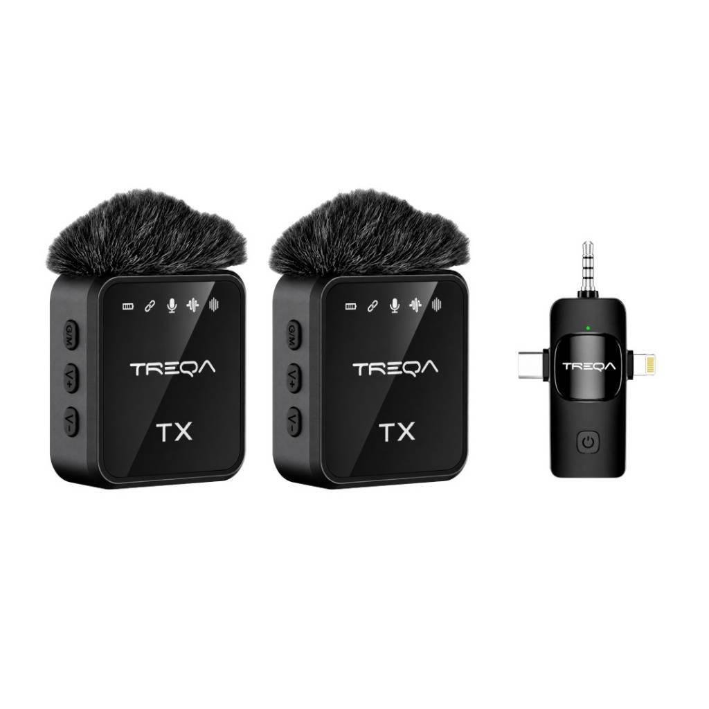 Set de 2 Micrófonos Inalámbricos Treqa MIC-4 Set de 2 micrófonos inalámbricos Treqa MIC-4 con receptor Tipo C y Lightning